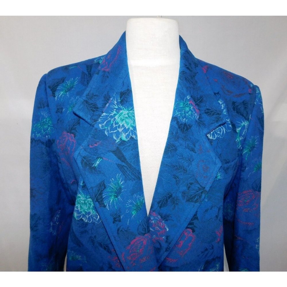 VTG LOUBEN Women 8 Blue Floral Wool Blend Oversized Blazer Jacket Shoulder Pads - Picture 2 of 12